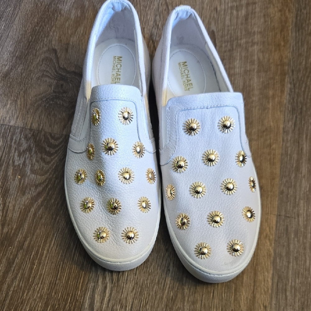Michael Kors White Slip-Ons with Gold Studs